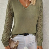 Women's V-Neck Crochet Sleeve Knit Sweater