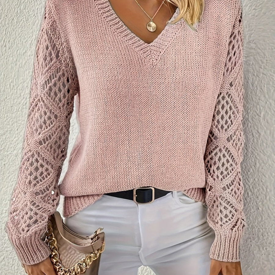 Women's V-Neck Crochet Sleeve Knit Sweater
