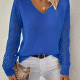 Women's V-Neck Crochet Sleeve Knit Sweater